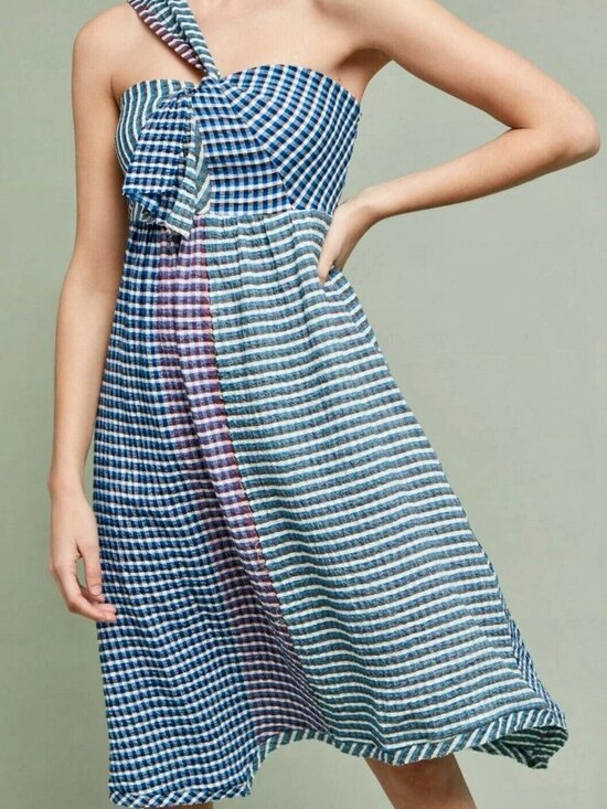 Anthropologie Dresses & Skirts - Maeve by Anthropologie One Shoulder Waverly Gingham Raw Hem Dress Size 6